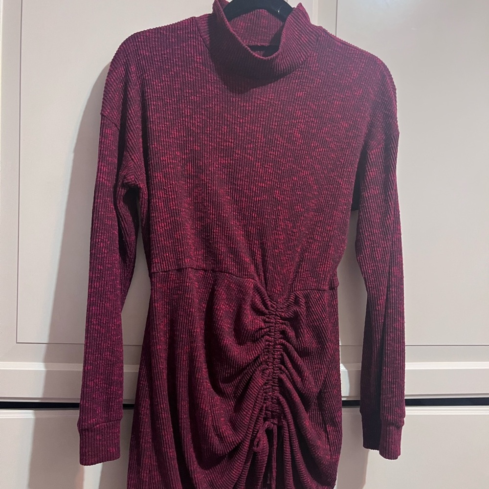 Burgundy Turtleneck Ruched Dress
